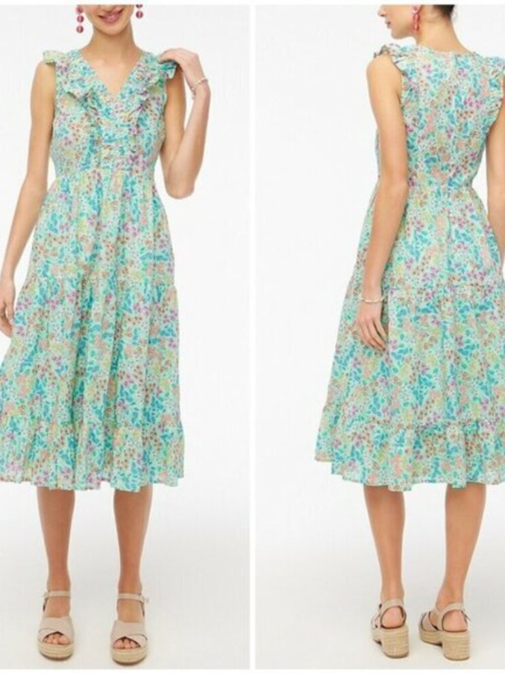 J. Crew Midi Dress Womens 6 Tiered Ruffle Floral Mint Green Sleeveless Smocked